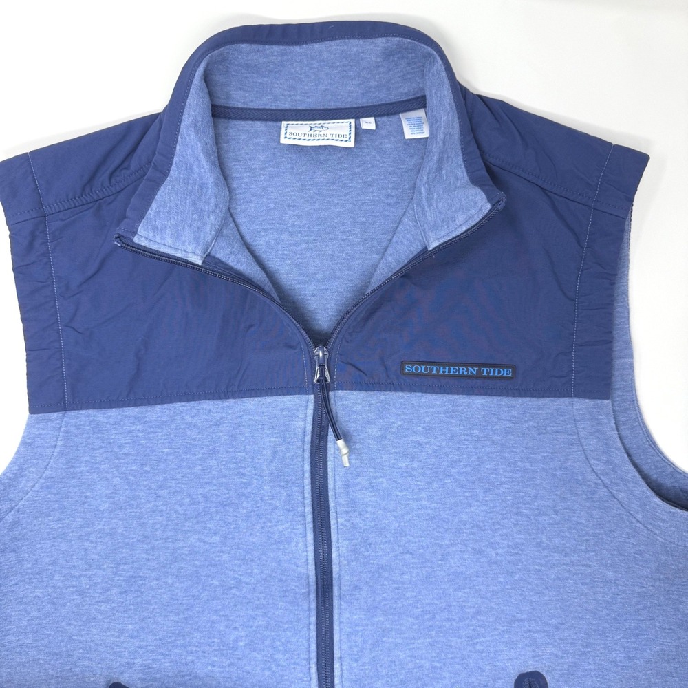 Southern Tide Mens XL‎ Blue Full Zip Mixed Media Vest Mock Neck Pockets Coastal